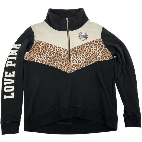 VTG Y2k Womens Victoria's Secret Pink High Low Half Zip Leopard Print Sweatshirt - Picture 1 of 6